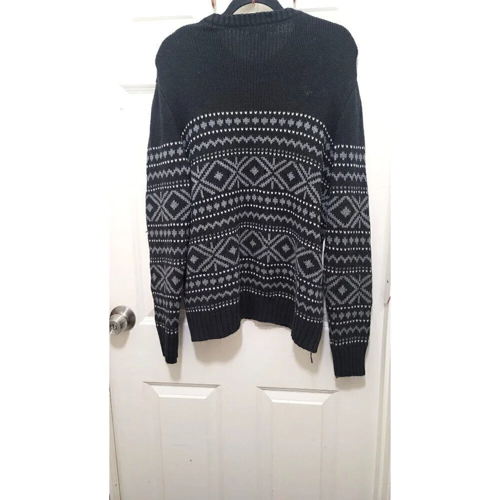 Banana Republic Sweater Mens Large Black Gray Fair Isle Wool Blend Knit Crewneck